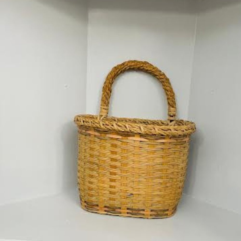 A Beautiful Textured Woven Wicker Vase Basket with Handle Stand Alone/Wall Hang